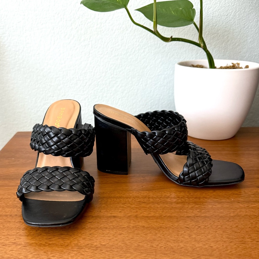 Bamboo Black Woven Braided Square Toe Block Heels Sandals Size 8.5 Vegan Leather
